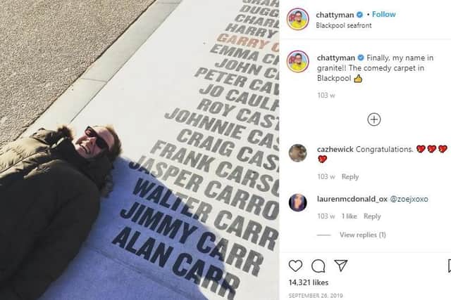 Alan first led beside his name on the Comedy Carpet in Blackpool two years ago - and returned to see it at the weekend (Picture: Alan Carr/Instagram)