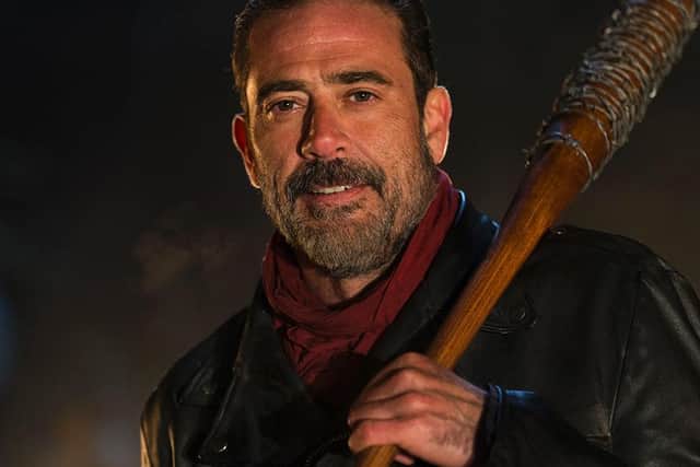 Walking Dead archvillain Negan takes his barbed wire bat Lucille with him wherever he goes. Copyright: © 2016 AMC Film Holdings LLC.