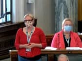 County Cllr Lizzi Collinge (standing) pictured in May during a debate at the first in-person full council meeting at Lancashire County Council in 15 months (image via Lancashire County Council webcast)