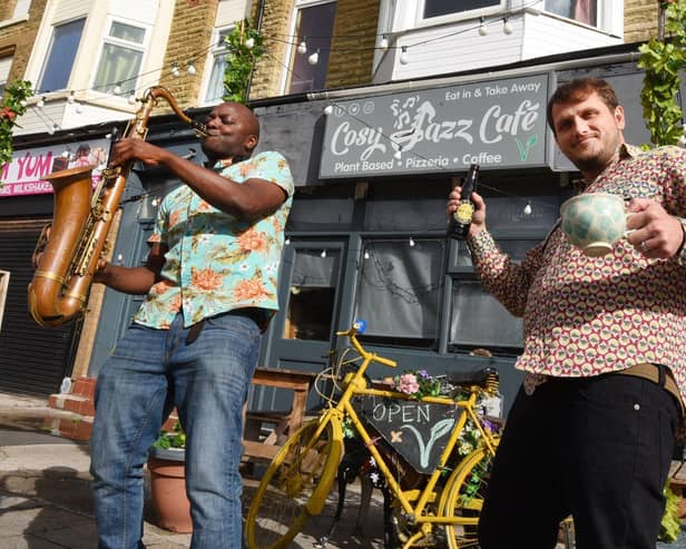 Cafe owner Josh Samuel and staff member Tom Hickman at Cosy Jazz Cafe, Blackpool, thought to be the only plant-based, vegan jazz cafe in the world, Lytham Road, Blackpool.