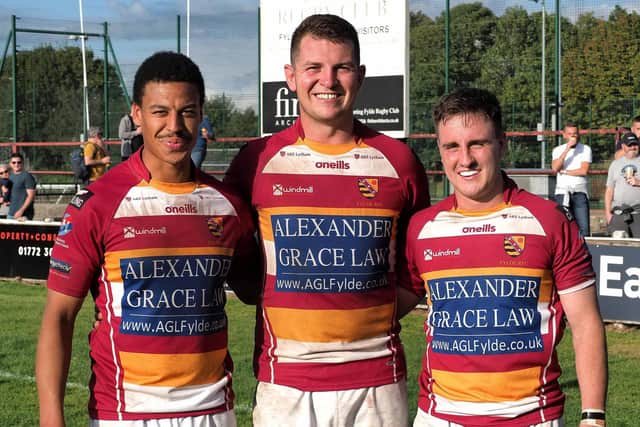 Fylde's (from left) Tom Forster, Matt Garrod and Adam Lanigan all came through the club's min-juniors and scored in the first-team win over Harrogate last weekend