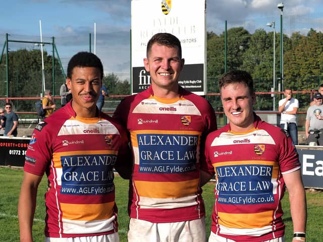 Fylde's (from left) Tom Forster, Matt Garrod and Adam Lanigan all came through the club's min-juniors and scored in the first-team win over Harrogate last weekend