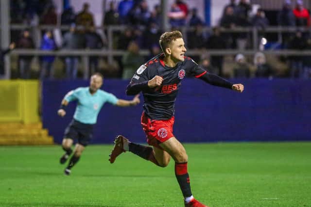 Max McMillan celebrates his debut goal for Fleetwood against Barrow