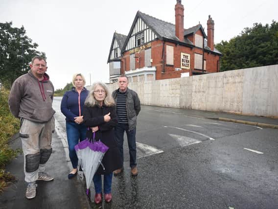 Thornton residents are protesting against the demoliton of the Burn Naze pub. Pictured are Andrew Coward, Joanne Cooper and councillors Emma Ellison and Rob Fail.