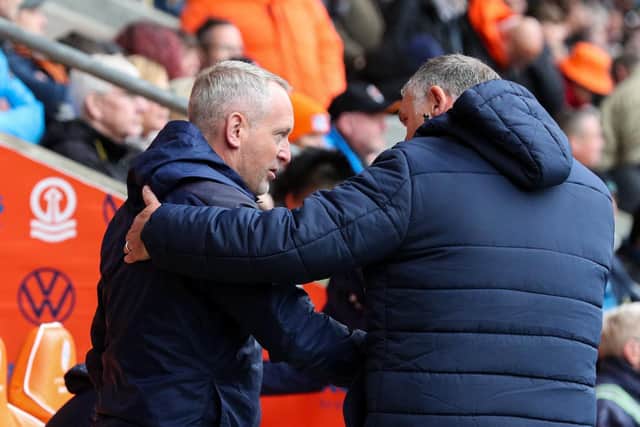 Blackpool boss Neil Critchley greets Tony Mowbray when the Seasiders defeated Blackburn Rovers last weekend