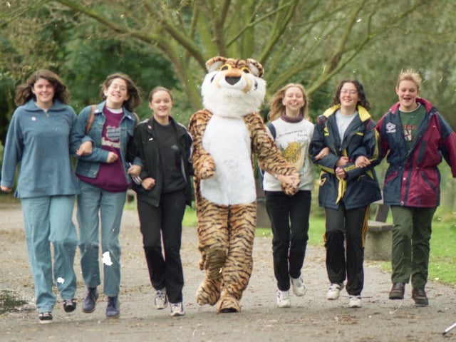 Scores of people took part in a walk at Martin Mere to raise money for endangered species across the globe. A three-mile sponsored walk at the Burscough Wildfowl and Wetlands Trust to raise money for the World Wildlife Fund attracted 110 walkers, including 70 from Burscough Priory High School. Pictured: Burscough Priory High pupils (from left) Elizabeth Wifong, Alison Conboy, Andrea Barnes, Kate Rowles, Louise Hogg and Victoria Bickerstaffe, with Tony the Tiger during the walk