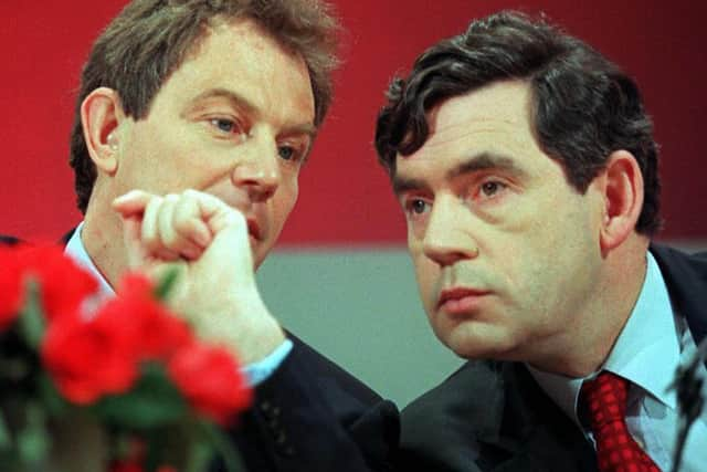 The subjects of a new BBC series Blair & Brown: The New Labour Revolution
pictured at a 1997 election campaign press conference (Johnny Eggitt/AFP/Getty)