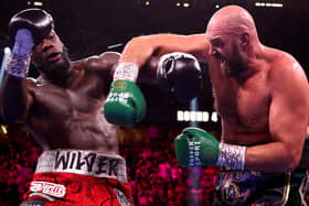 Tyson Fury goes on the attack against Deontay Wilder. Picture: Getty Images