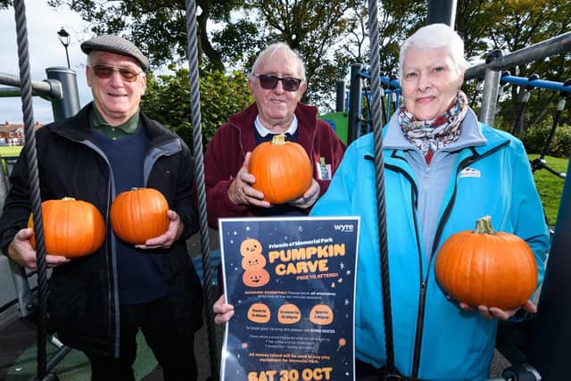 (l-r) Iain Johnstone, Vice Chairman, Yvonne Johnstone committee member, and Les Fletcher chairman of Friends of Fleetwood Memorial Park promote their Pumpkin Carve event. Photo: Kelvin Stuttard