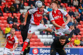 Callum Johnson heads home Fleetwood Town's first goal Picture: Sam Fielding/PRiME Media Images Limited