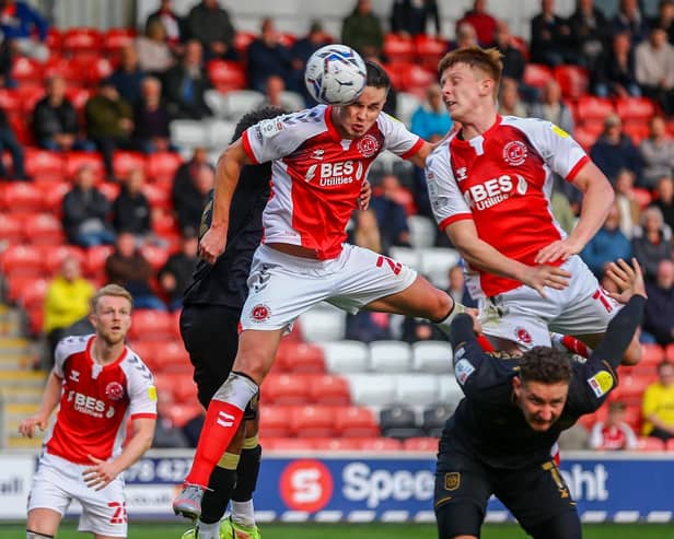 Callum Johnson heads home Fleetwood Town's first goal Picture: Sam Fielding/PRiME Media Images Limited