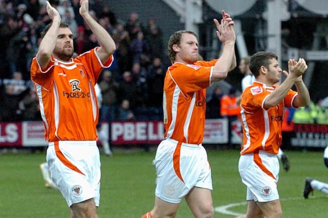 Blackpool's (from left) Ben Burgess, Mike Flynn and matchwinner Wes Hoolahan at Deepdale in December 2007