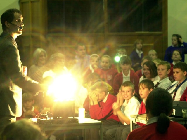 Primary school pupils from the Chorley area listen to a lecture on Light and Sound given by Dr Bryson Gore at Albany High School, Chorley