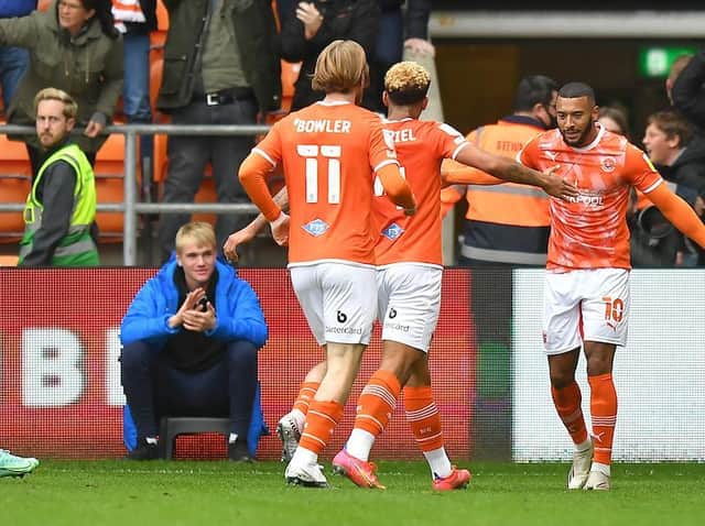 Keshi Anderson celebrates after scoring Blackpool's first goal