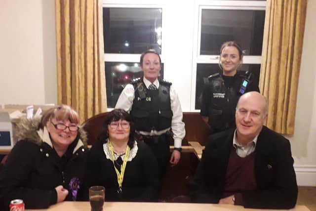 Coun Colette Fairbanks, Julie Young Egbine and Andy Pratt (Deputy Lancashire PCC), with Chief Insp Cara Leadbetter (standing left) and a member of Fletwood's PCSO team