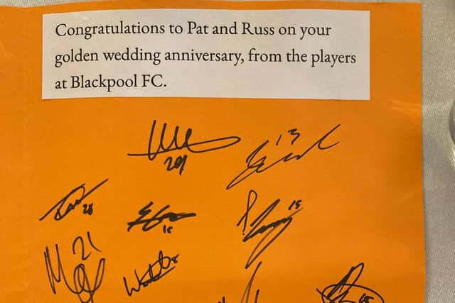 Russell and Pat Jones' golden wedding card signed by Blackpool FC's players