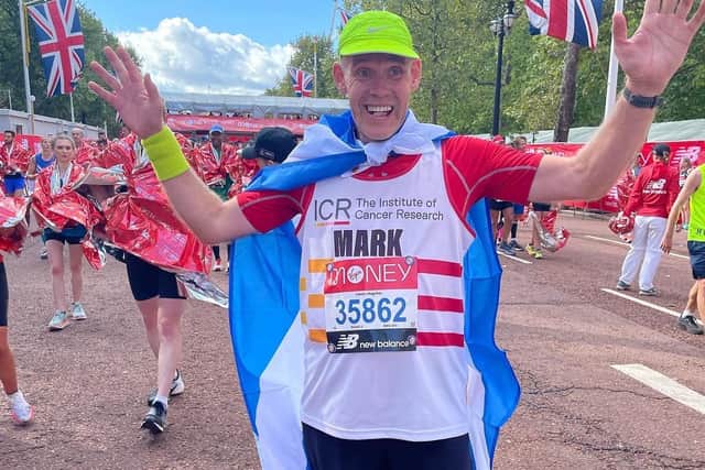 Mark Gray shows his delight on completing this month's London Marathon