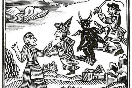 A witch, a demon and a warlock fly their broomsticks. Circa 1400 Original Artwork: Woodcut from a chapbook. Photo: Getty Images