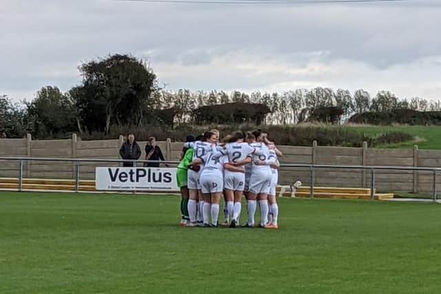 The Fylde Women team huddle ahead of their 4-1 win over Sheffield FC last Sunday