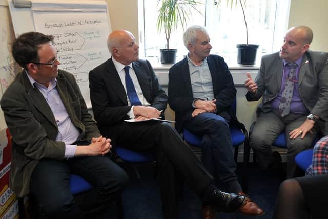 Secretary of State for Work and Pensions Ian Duncan Smith visited Blackpool Carers Centre with MP for Blackpool North and Fleetwood Paul Maynard.
Carer John Joyce (far right) discusses the difficulties of his role with Mr Maynard, the secretary of state and Blackpool Carers fundraiser John Barnett. PIC BY ROB LOCK
15-4-2015