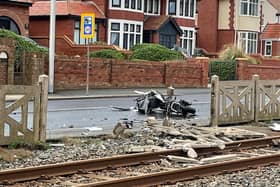 Police are at the scene of a serious crash involving a car, van and motorcyclist in Queen's Promenade, close to the junction with Montpelier Avenue, in Bispham today (Friday, October 29). Pic credit: Danny Cronin