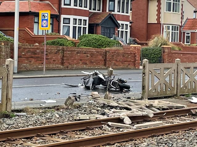 Police are at the scene of a serious crash involving a car, van and motorcyclist in Queen's Promenade, close to the junction with Montpelier Avenue, in Bispham today (Friday, October 29). Pic credit: Danny Cronin