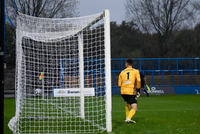 Nick Haughton's free-kick hits the Curzon Ashton net for AFC Fylde's equaliser
Picture: STEVE MCLELLAN