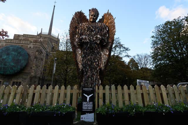 The Knife Angel is outside Blackburn Cathedral until November 29