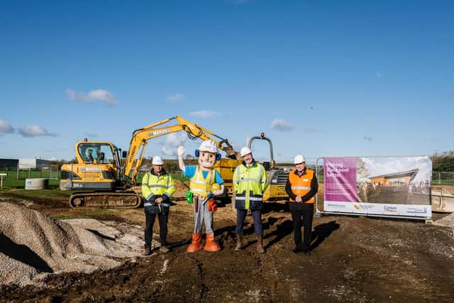 Work starts of the pavilion at the sports village at Blackpool, Airport. Pictured left to right are, site manager David Gana, Charlie Conlon, chairman Michael Conlon and Coun Mark Smith.