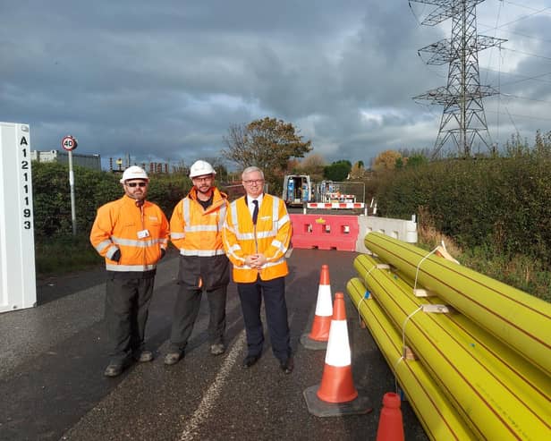 Fylde MP Mark Menzies at the Peel Road site with Cadent representatives