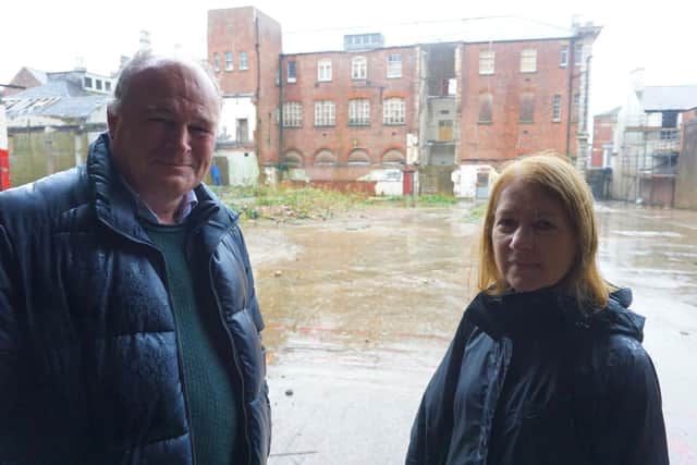 Developer Mark Ashall and Joan Humble with the back of the Abingdon Street Post Office behind them