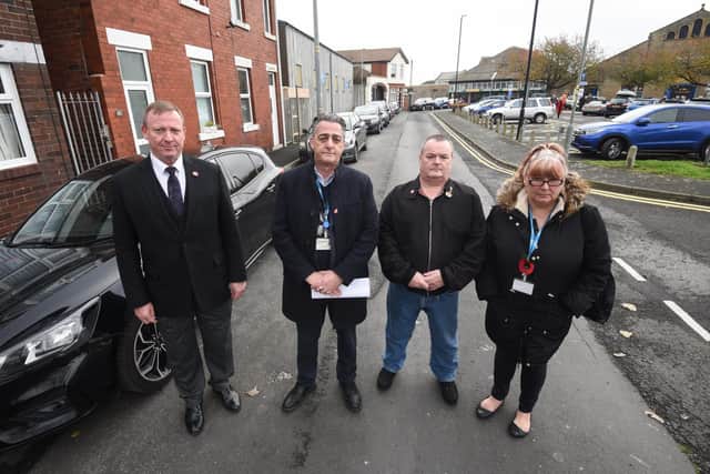Residents on Custom House Lane are struggling to find car parking spaces outside their homes on Fleetwood Market days.  Pictured L-R are residents Jason Dell and Michael Bowyer with Fleetwood Market manager Julian Brent and coun Colette Fairbanks.