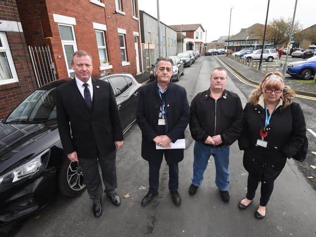 Residents on Custom House Lane are struggling to find car parking spaces outside their homes on Fleetwood Market days.  Pictured L-R are residents Jason Dell and Michael Bowyer with Fleetwood Market manager Julian Brent and coun Colette Fairbanks.