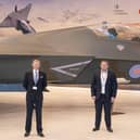 David Morris MP, chairman of the Lancashire All Party Parliamentary Group which visited BAE Systems and Antony Higginbotham MP, at the BAE Systems Warton site, with a prototype of the Tempest combat aircraft.