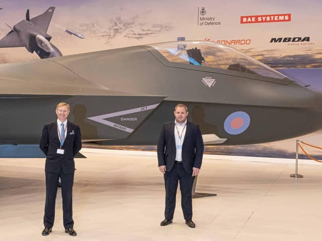 David Morris MP, chairman of the Lancashire All Party Parliamentary Group which visited BAE Systems and Antony Higginbotham MP, at the BAE Systems Warton site, with a prototype of the Tempest combat aircraft.