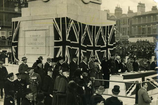 The unveiling of Blackpool War Memorial ( Cenotaph ) in 1923.
Amongst the group l-r are Col Trimble, Ald T Bickerstaffe JP, Ald W H Broadhead JP, Sir A Lindsay Parkinson JP, Coun T Fielding JP, Rev Fred Hibbert, the Rev A W R Little, Gen T E Topping CB CMG DSO, the Mayor (Coun H Brooks), Mrs Smith and Mr W H Smith (Chief Constable of Burnley, parents of Lieut Victor Smith VC), the Town Clerk (Mr D L Harbottle) Mrs Boughey (mother of Second Lieut Stanley Boughey VC), and her younger son, Coun E H Howe JP, Major L C S Molloy DSO MP and ald J Heap JP.