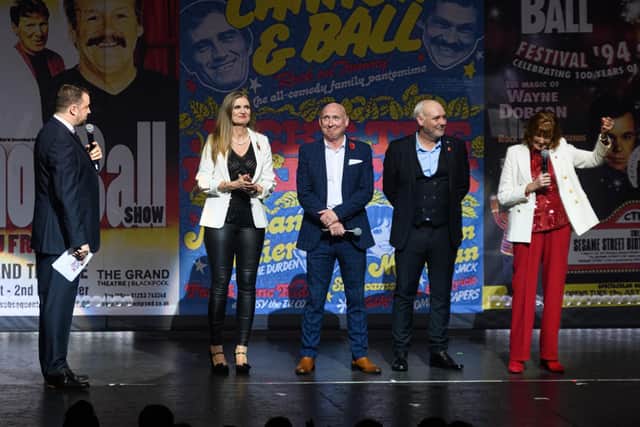 Jason Manford with Bobby Ball's family on stage at the Winter Gardens Opera House Blackpool, Bobby's daughter Joanne, his sons Rob and Darren and his wife Yvonne