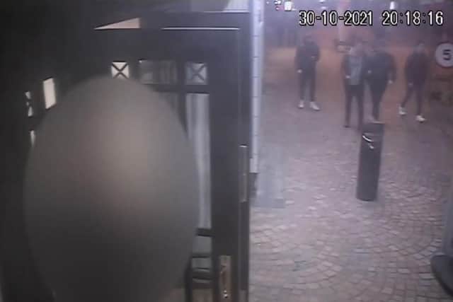 Detectives investigating a stabbing in Blackpool which left a man with serious injuries are appealing for information to identify these four men (Credit: Lancashire Police)