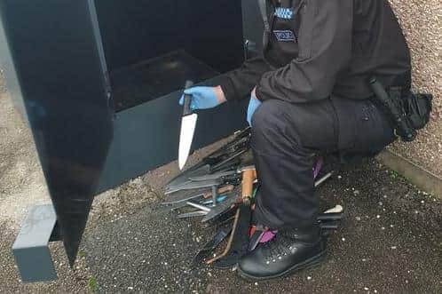 Over 40 blades were recovered by police from a knife bin in Fleetwood (Credit: Lancashire Police)
