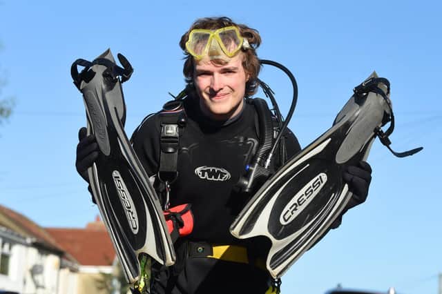 Jake Still in Blackpool wearing the scuba gear, ready for his evening walk through the Illuminations