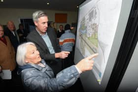 Architect Lawrence McBurney with resident Ann Wragg discuss the plans for the Blackpool Airport Enterprise Zone at a drop-in day for the public