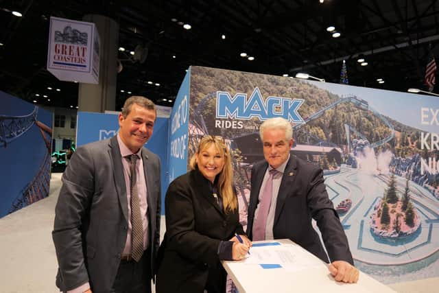 Amanda recently met with Mack Rides Chief Executive Officer, Christian von Elverfeldt, and Chief Officer Sales and Marketing, Thorsten Koebele at the recent IAAPA (International Association of Amusement Parks and Attractions) Expo in Orlando, Florida  to sign the deal.