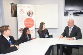 Secretary of State for Education Nadhim Zahawi talks to pupils at St Mary's Catholic Academy.