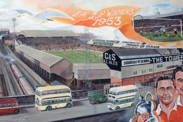 A magnificent evocation of a 1950s football ground by professional artist David Wright, painted in 2003 to celebrate the 50th anniversary of Blackpool’s famous FA Cup victory. Titled ‘Bloomfield Road: The Glory Years’, it perfectly captures the atmosphere of the compact stands