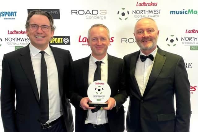 Simon Sadler, Neil Critchley and Brett Gerrity at Monday night's awards. Picture courtesy of Blackpool FC