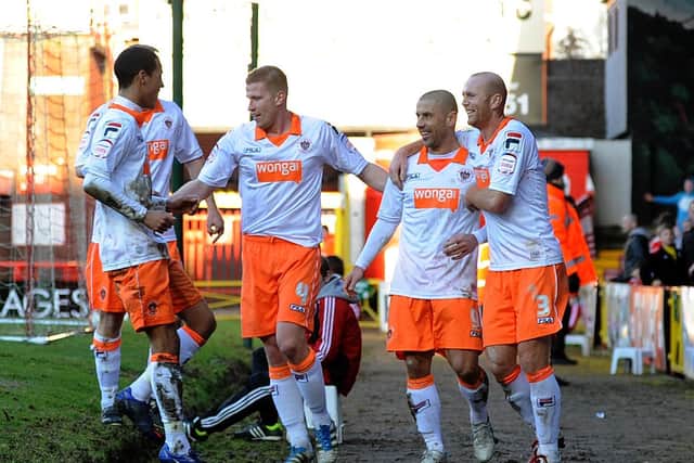 Blackpool celebrate their third goal at Bristol City, scored by Kevin Phillips (second right)