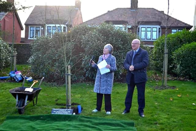Margaret Daniels (left),  chairman of Fleetwood Civic Society, with Duncan Lofthouse, son of Doreen Lofthouse MBE, at the tree planting ceremony in the Mount gardens in tribute  to his mother.