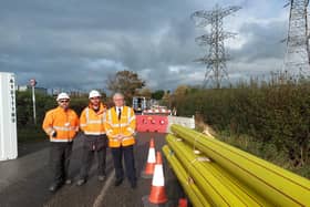Fylde MP Mark Menzies when he visited Peel Road, Westby, to check work on a gas leak earlier this month. He is pictured with Cadent personnel.