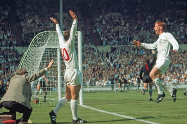 Blackpool’s Alan Ball jumps for joy as Geoff Hurst scores the winner 13 minutes from time in England’s heated 1966 World Cup quarter-final against Argentina.  Barry McLoughlin collection