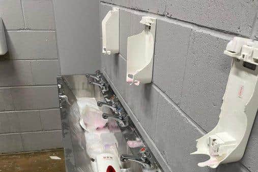 A picture posted by Accrington Stanley owner Andy Holt of damage caused to a toilet at the Wham Stadium, allegedly by Fleetwood fans